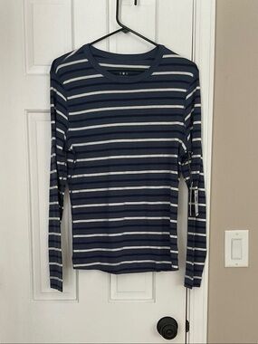 Three Dots Blue and White Striped Crewneck Tee